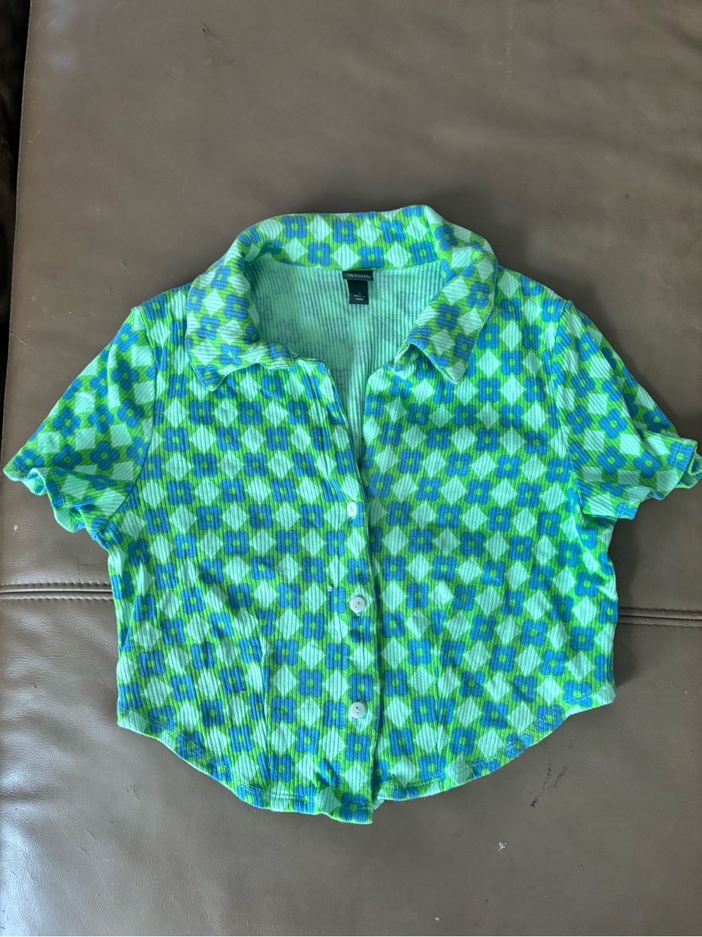 wild fable Green and Blue Floral Ribbed Button-Up Crop Top